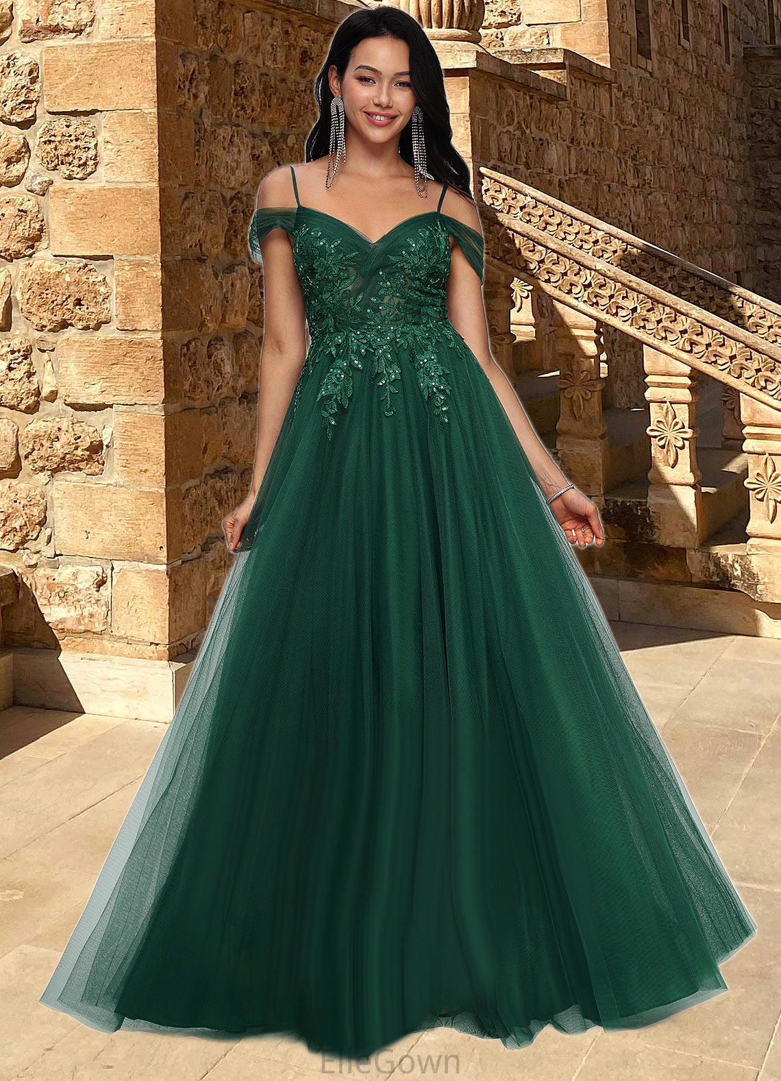 Norma A-line Off the Shoulder Floor-Length Tulle Prom Dresses With Appliques Lace Sequins DEP0022231