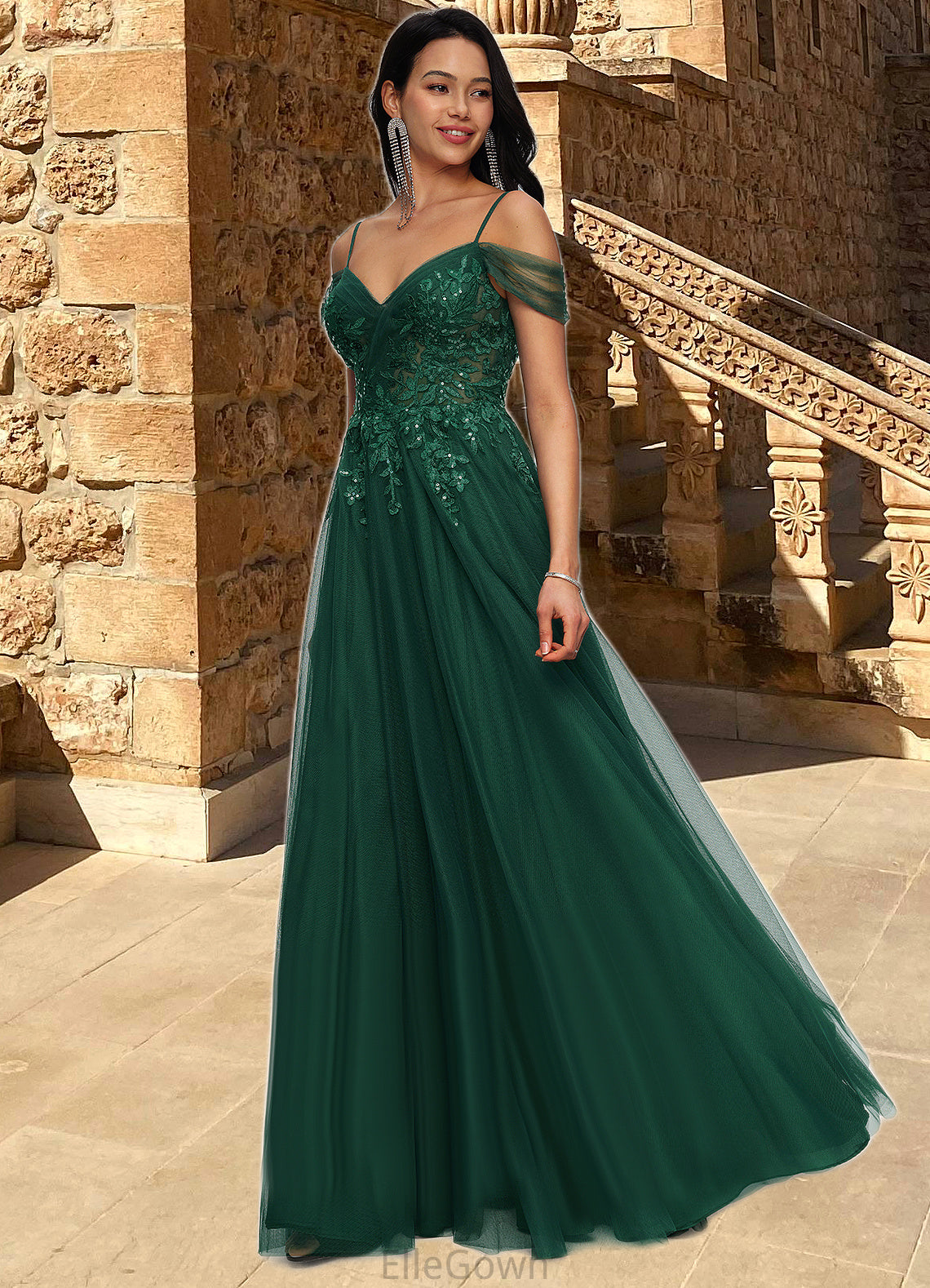 Norma A-line Off the Shoulder Floor-Length Tulle Prom Dresses With Appliques Lace Sequins DEP0022231