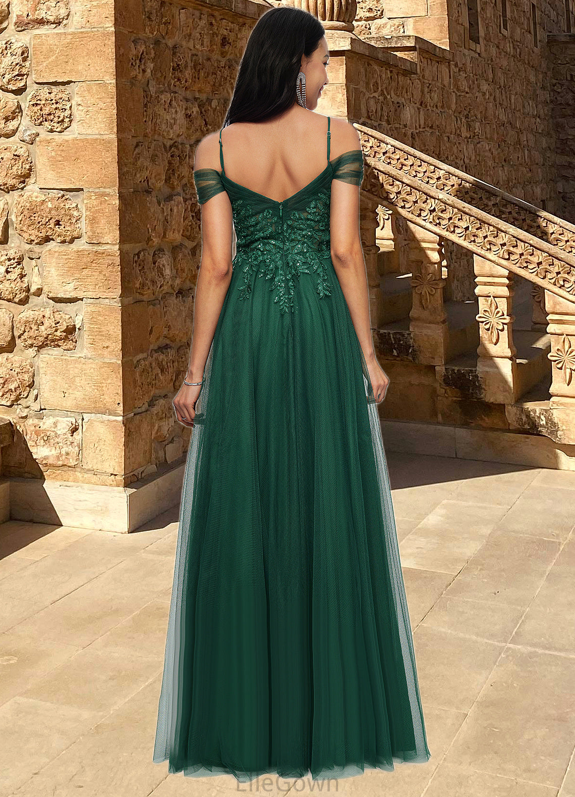 Norma A-line Off the Shoulder Floor-Length Tulle Prom Dresses With Appliques Lace Sequins DEP0022231