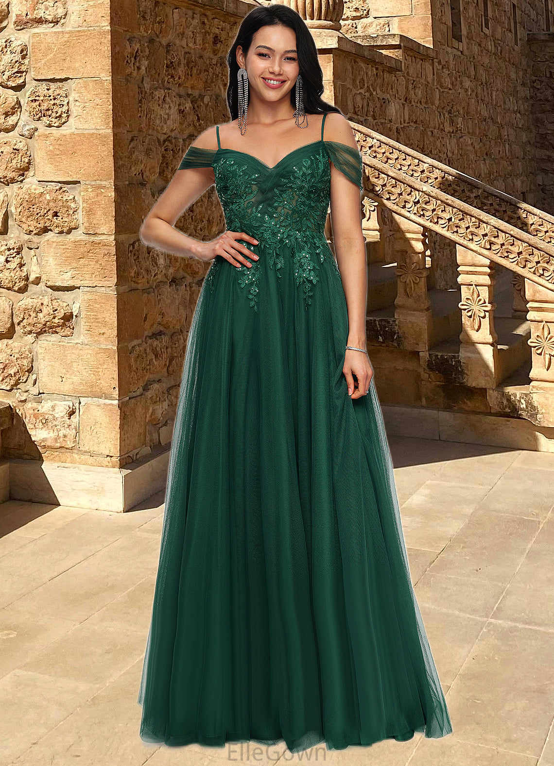 Norma A-line Off the Shoulder Floor-Length Tulle Prom Dresses With Appliques Lace Sequins DEP0022231