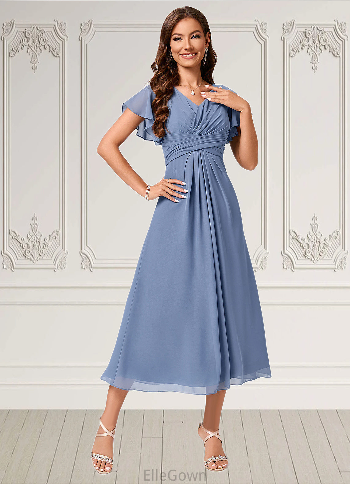 Macie A-line V-Neck Tea-Length Chiffon Cocktail Dress With Ruffle DEP0022233