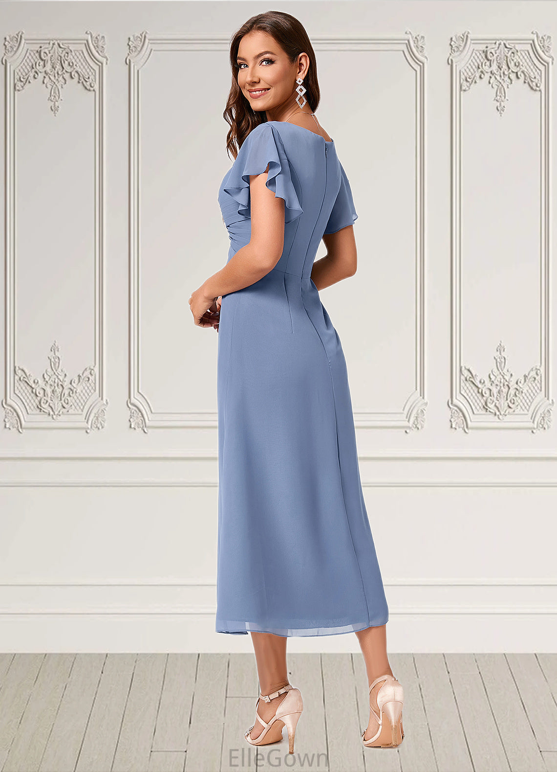 Macie A-line V-Neck Tea-Length Chiffon Cocktail Dress With Ruffle DEP0022233