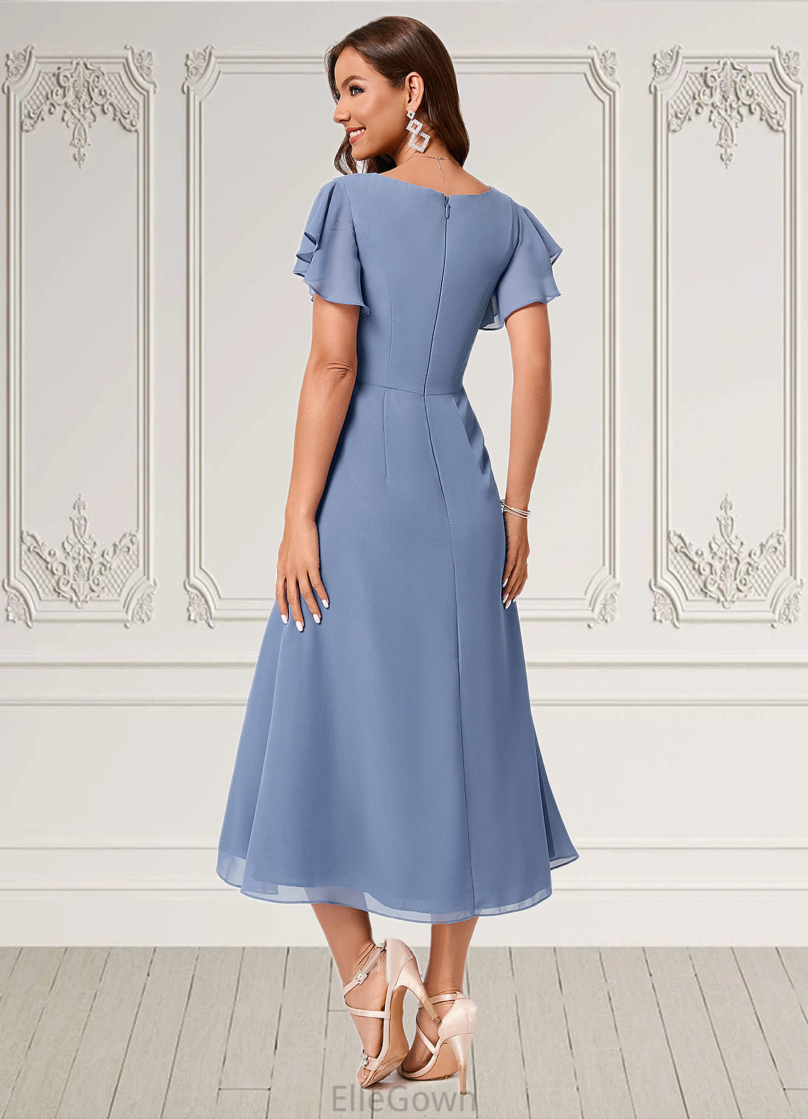 Macie A-line V-Neck Tea-Length Chiffon Cocktail Dress With Ruffle DEP0022233