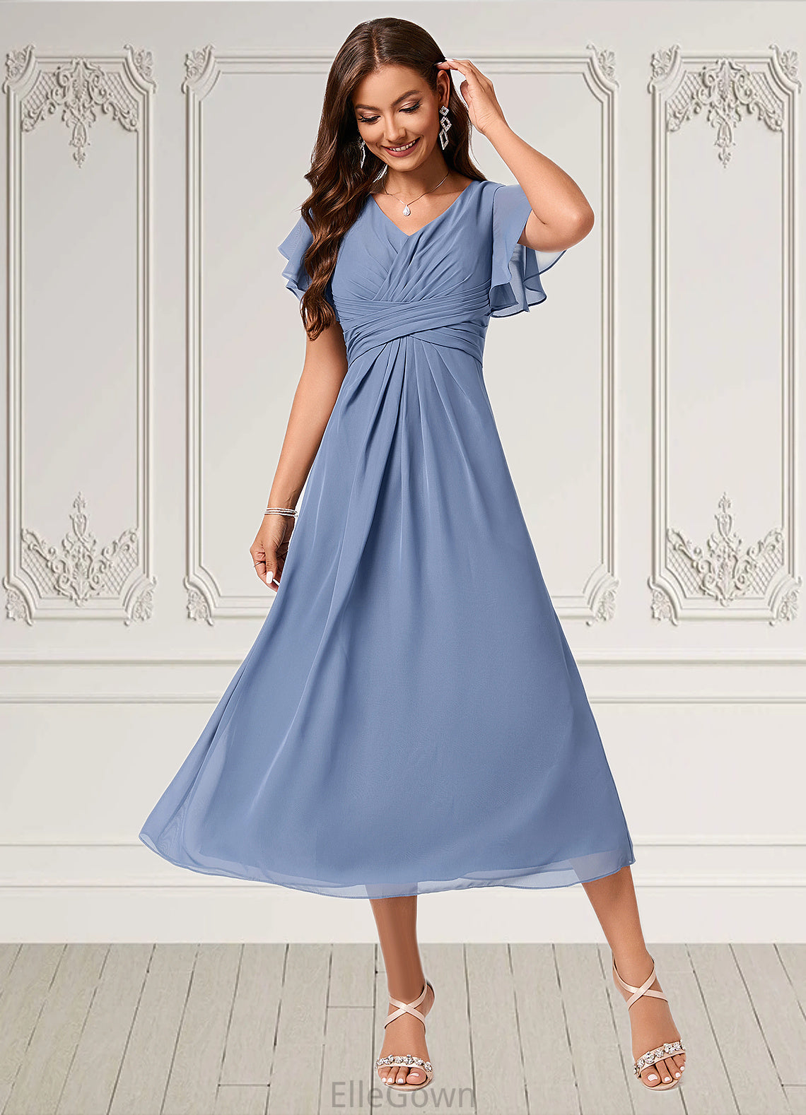 Macie A-line V-Neck Tea-Length Chiffon Cocktail Dress With Ruffle DEP0022233