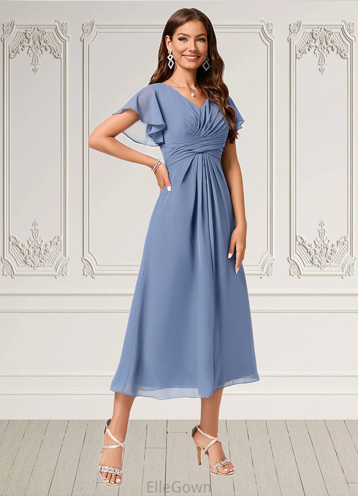 Macie A-line V-Neck Tea-Length Chiffon Cocktail Dress With Ruffle DEP0022233