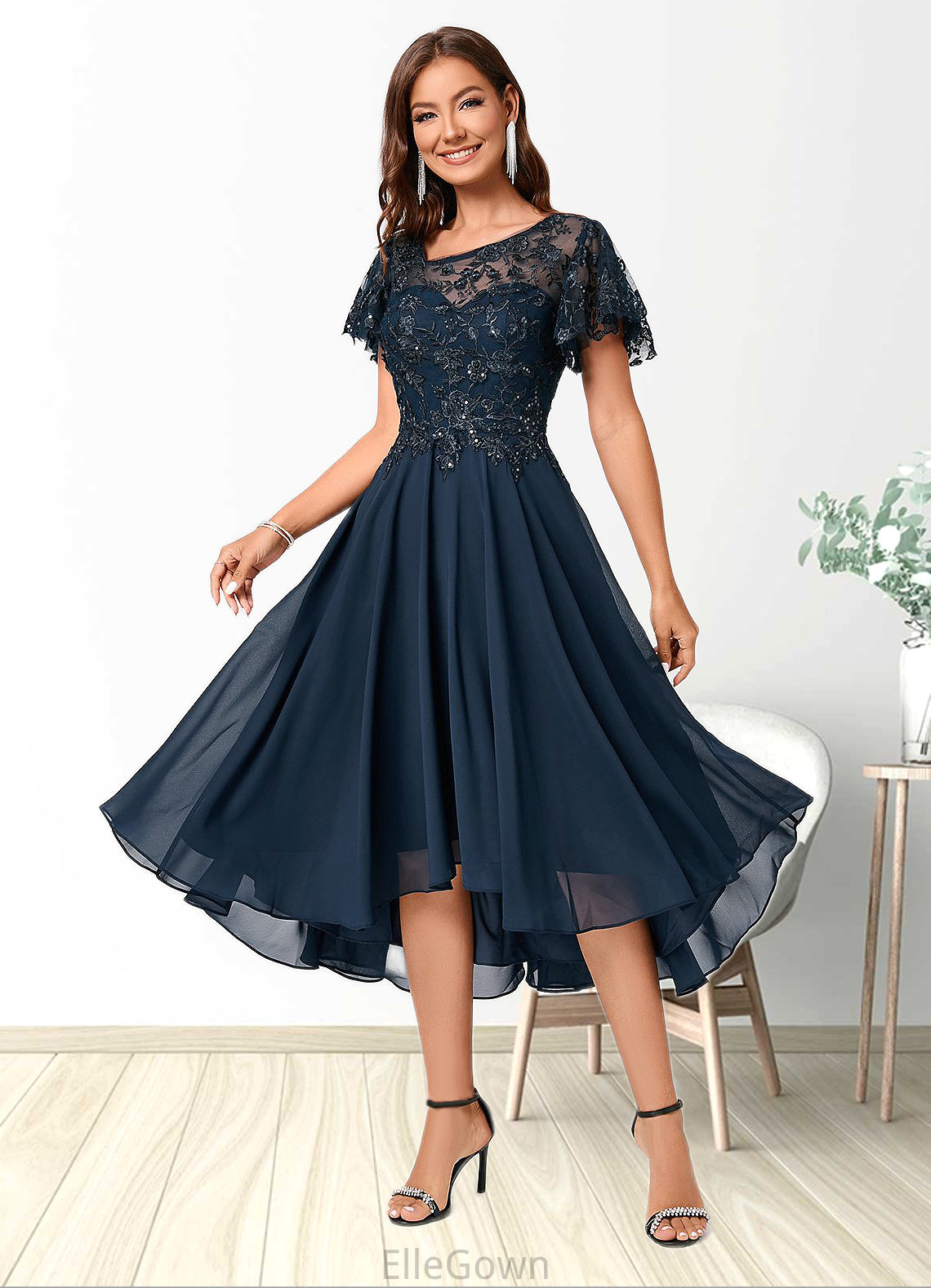 Savanah A-line Asymmetrical Asymmetrical Chiffon Lace Cocktail Dress With Ruffle Sequins DEP0022235