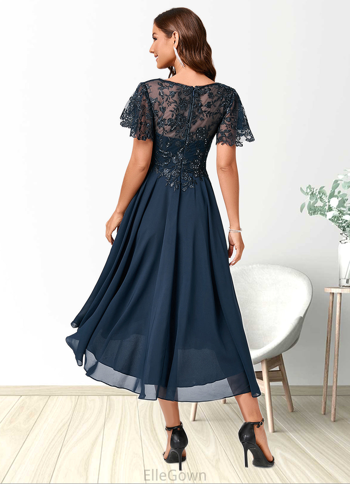 Savanah A-line Asymmetrical Asymmetrical Chiffon Lace Cocktail Dress With Ruffle Sequins DEP0022235