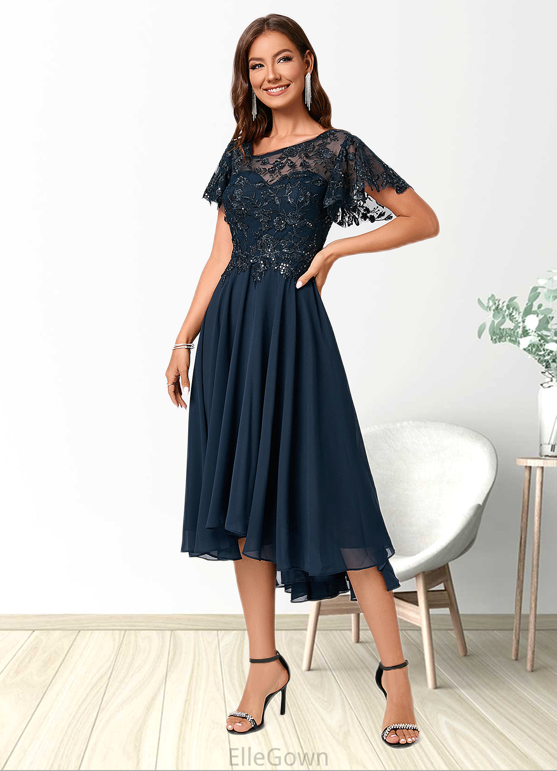 Savanah A-line Asymmetrical Asymmetrical Chiffon Lace Cocktail Dress With Ruffle Sequins DEP0022235