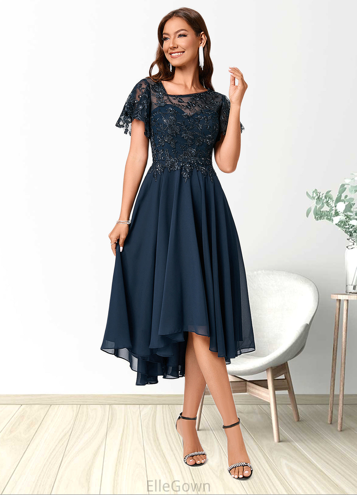 Savanah A-line Asymmetrical Asymmetrical Chiffon Lace Cocktail Dress With Ruffle Sequins DEP0022235