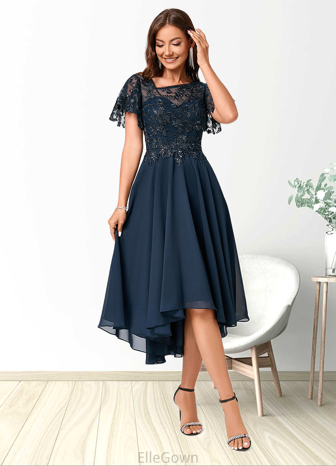 Savanah A-line Asymmetrical Asymmetrical Chiffon Lace Cocktail Dress With Ruffle Sequins DEP0022235