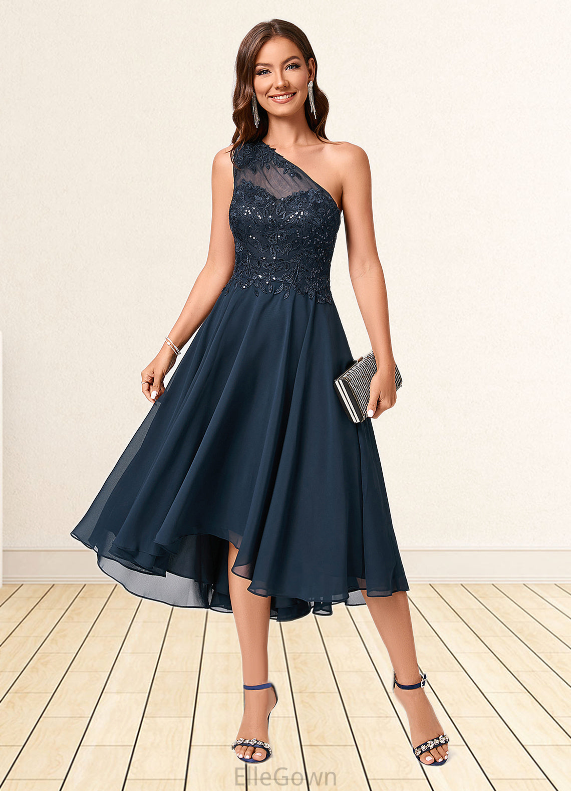 Julissa A-line One Shoulder Asymmetrical Chiffon Lace Sequin Cocktail Dress With Sequins DEP0022245