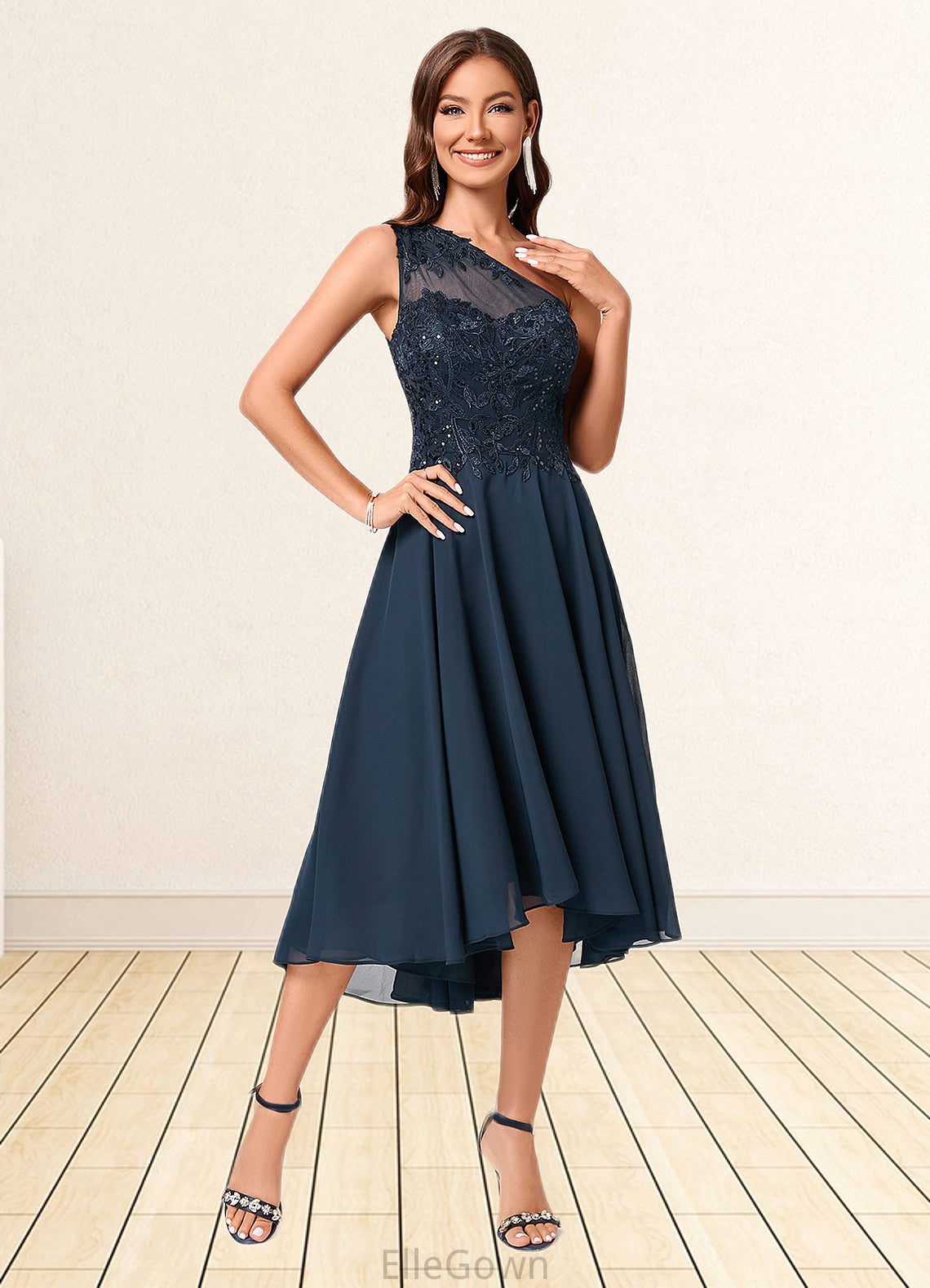 Julissa A-line One Shoulder Asymmetrical Chiffon Lace Sequin Cocktail Dress With Sequins DEP0022245