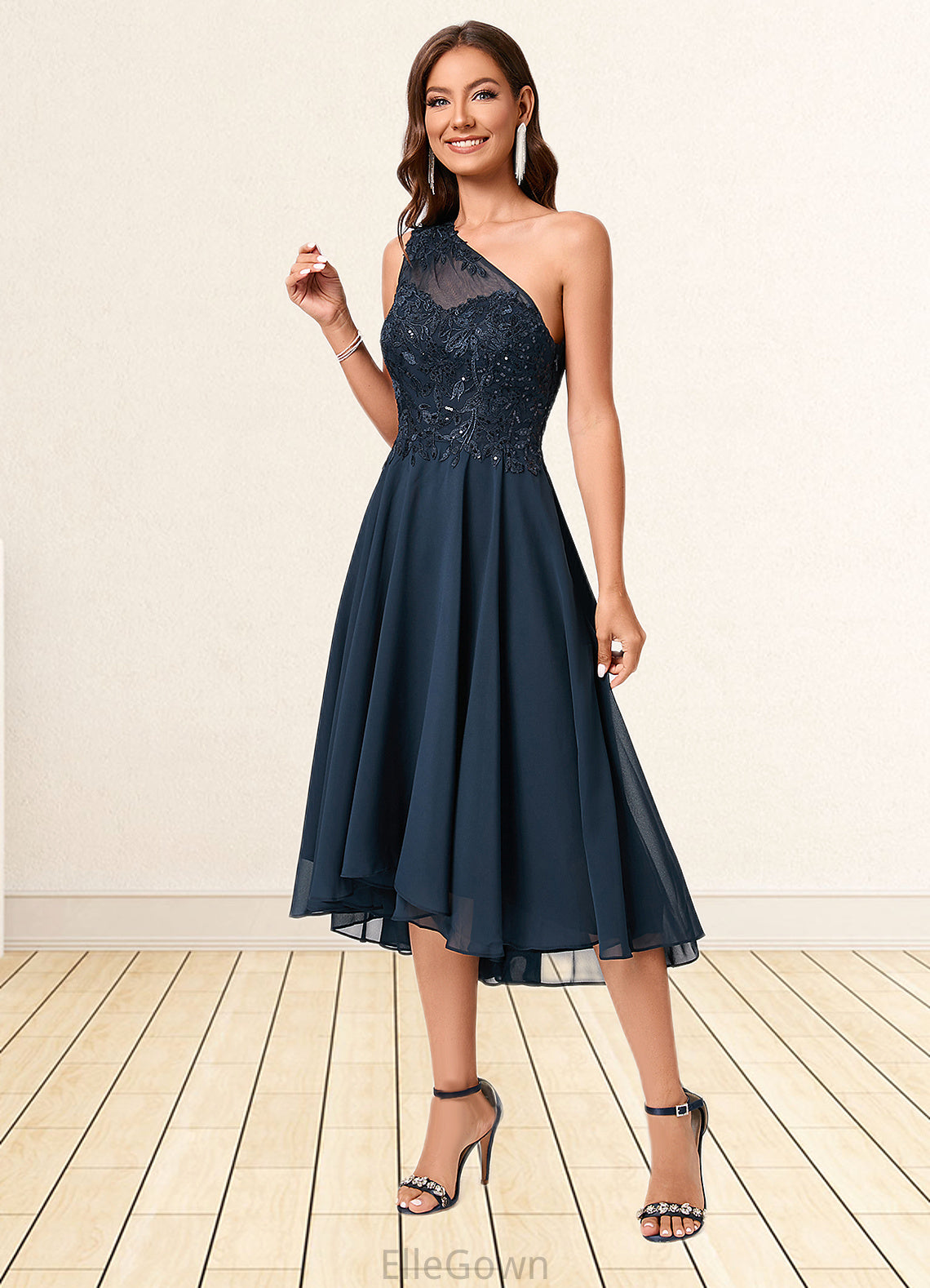 Julissa A-line One Shoulder Asymmetrical Chiffon Lace Sequin Cocktail Dress With Sequins DEP0022245