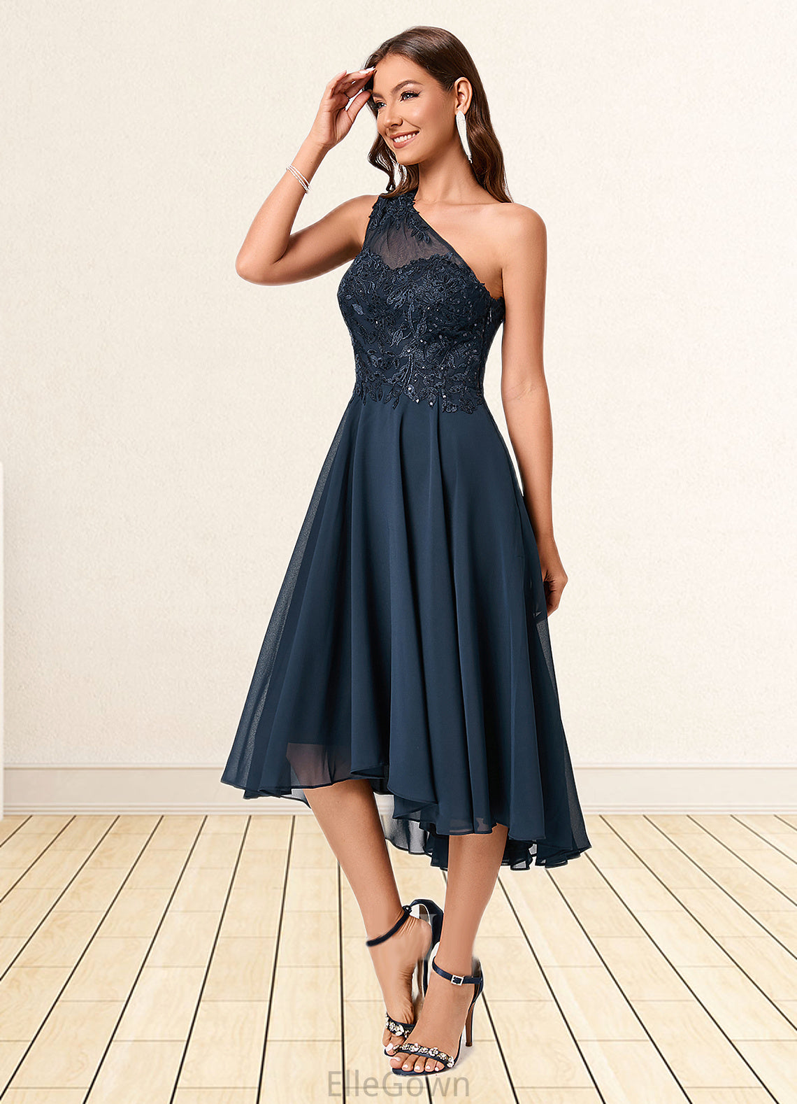 Julissa A-line One Shoulder Asymmetrical Chiffon Lace Sequin Cocktail Dress With Sequins DEP0022245