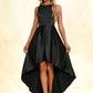 Raven Boat Neck Elegant A-line Satin Asymmetrical Dresses DEP0022257