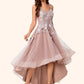 Teresa A-line Off the Shoulder Asymmetrical Lace Tulle Cocktail Dress With Flower DEP0022258