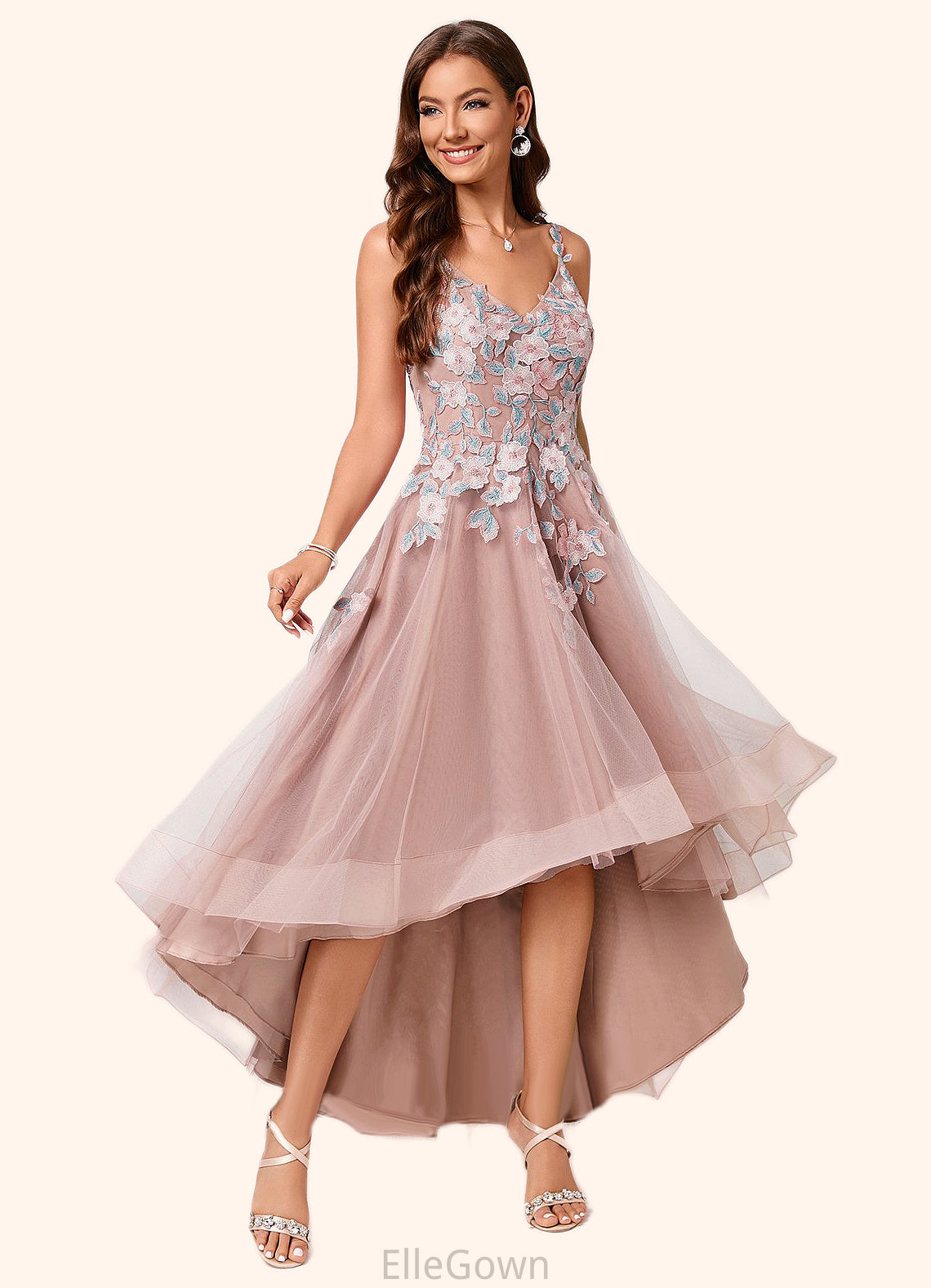 Teresa A-line Off the Shoulder Asymmetrical Lace Tulle Cocktail Dress With Flower DEP0022258