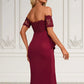 Jasmin Flower Ruffle Off the Shoulder Elegant Sheath/Column Lace Polyester Asymmetrical Dresses DEP0022276