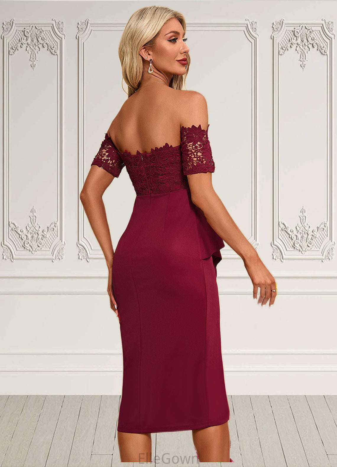 Jasmin Flower Ruffle Off the Shoulder Elegant Sheath/Column Lace Polyester Asymmetrical Dresses DEP0022276