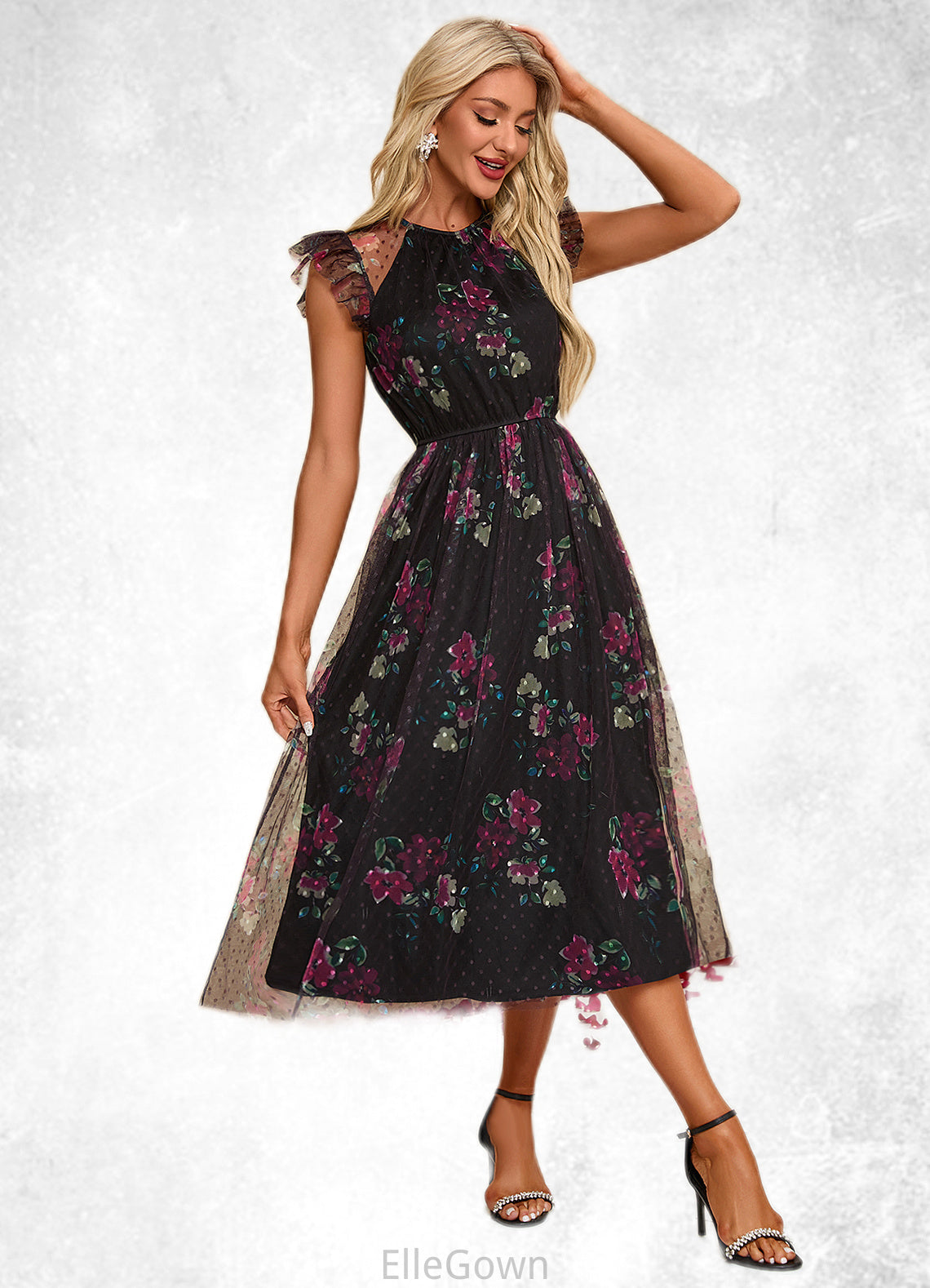 Kit Floral Print Scoop Elegant A-line Tulle Midi Dresses DEP0022277