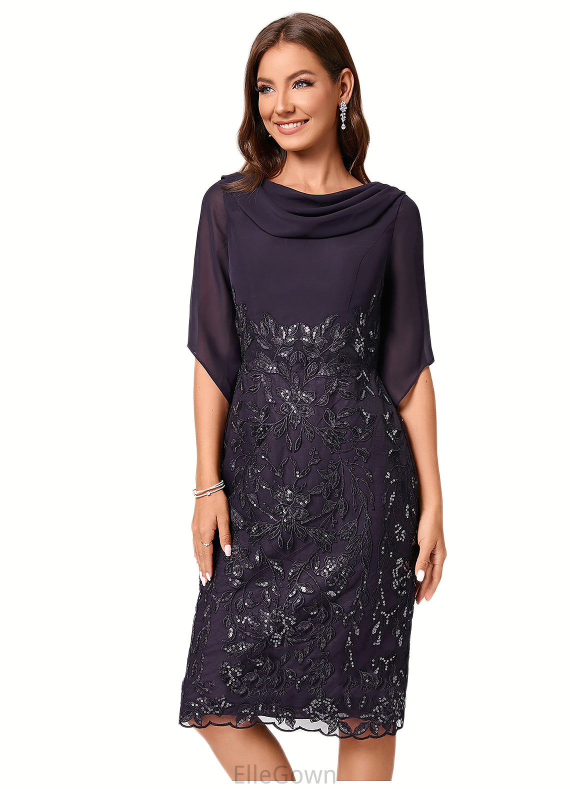 Ayana Sheath/Column Cowl Knee-Length Chiffon Lace Cocktail Dress With Ruffle Sequins DEP0022287