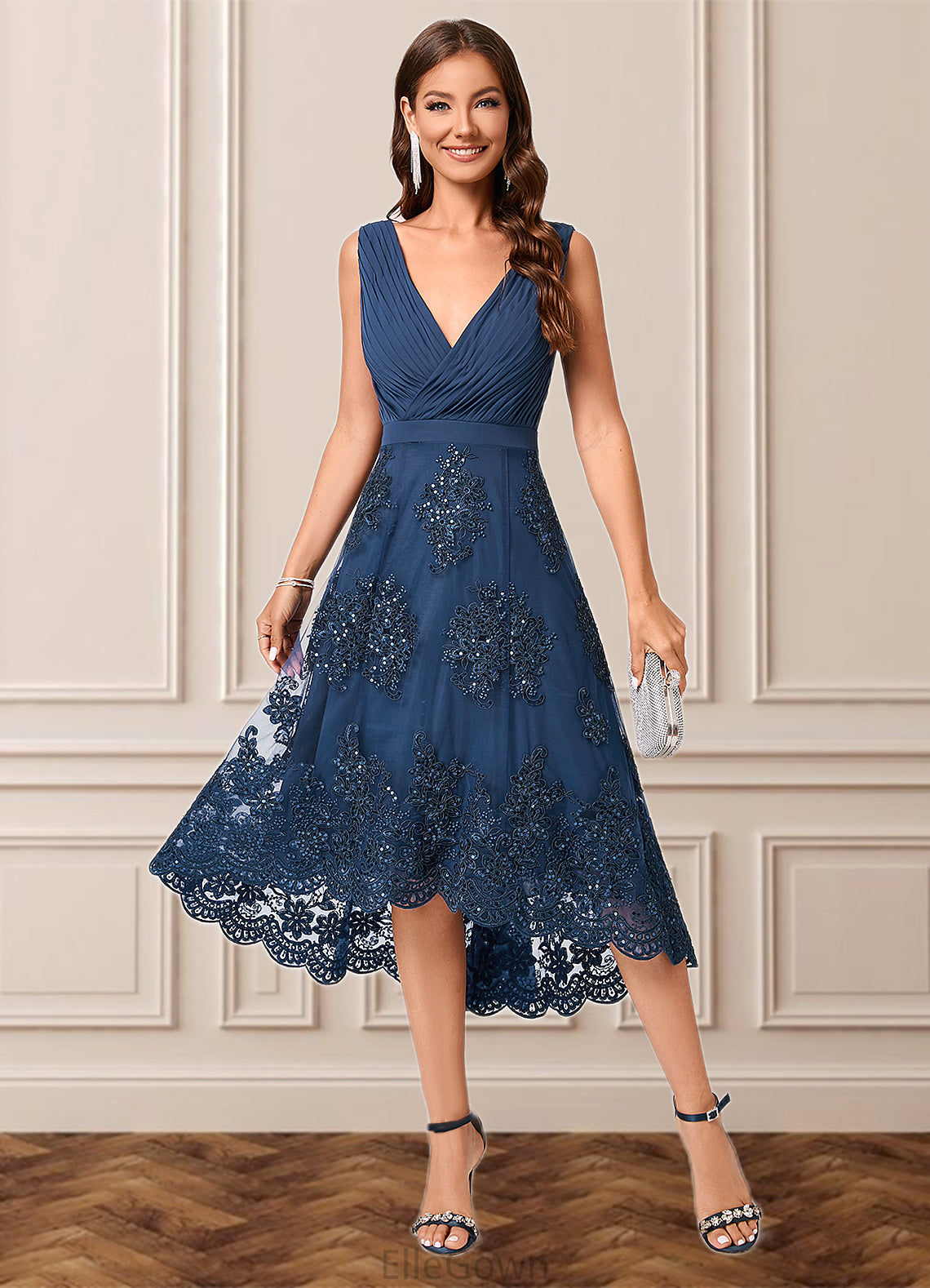 Marlie A-line V-Neck Asymmetrical Chiffon Lace Sequin Cocktail Dress With Pleated Sequins DEP0022288