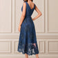 Marlie A-line V-Neck Asymmetrical Chiffon Lace Sequin Cocktail Dress With Pleated Sequins DEP0022288