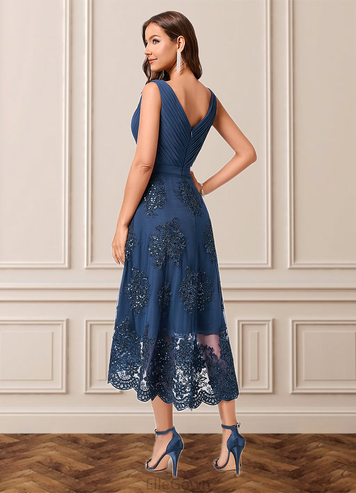 Marlie A-line V-Neck Asymmetrical Chiffon Lace Sequin Cocktail Dress With Pleated Sequins DEP0022288