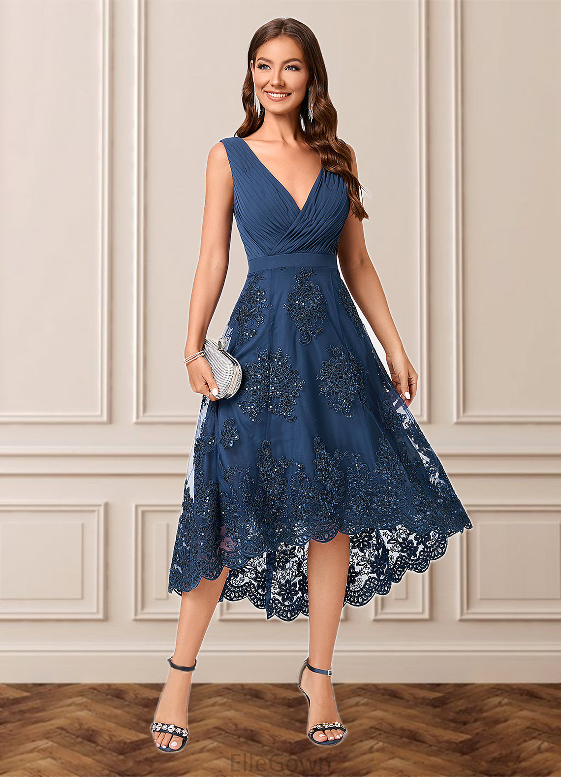 Marlie A-line V-Neck Asymmetrical Chiffon Lace Sequin Cocktail Dress With Pleated Sequins DEP0022288