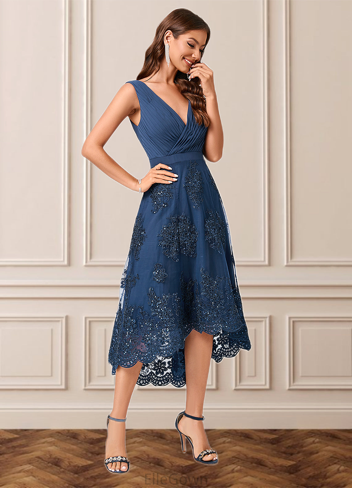 Marlie A-line V-Neck Asymmetrical Chiffon Lace Sequin Cocktail Dress With Pleated Sequins DEP0022288