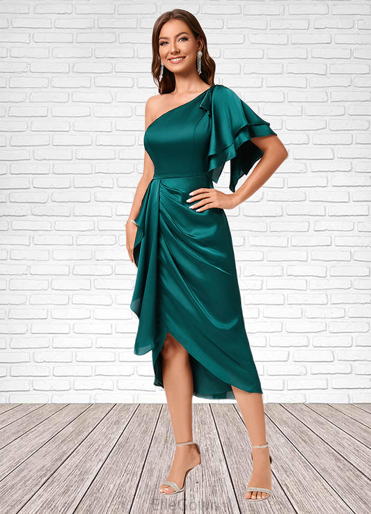 Kira Sheath/Column One Shoulder Asymmetrical Silky Satin Cocktail Dress With Ruffle DEP0022293