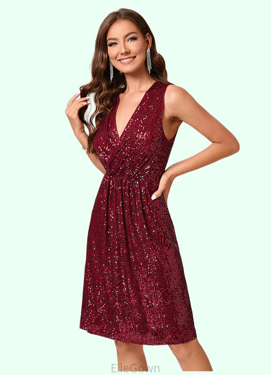 Madison A-line V-Neck Knee-Length Sequin Cocktail Dress With Sequins DEP0022300