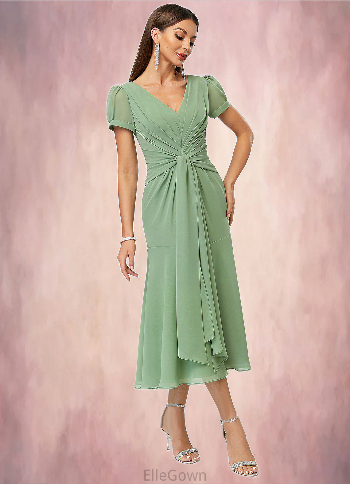 Sam Trumpet/Mermaid V-Neck Tea-Length Chiffon Cocktail Dress With Pleated DEP0022315