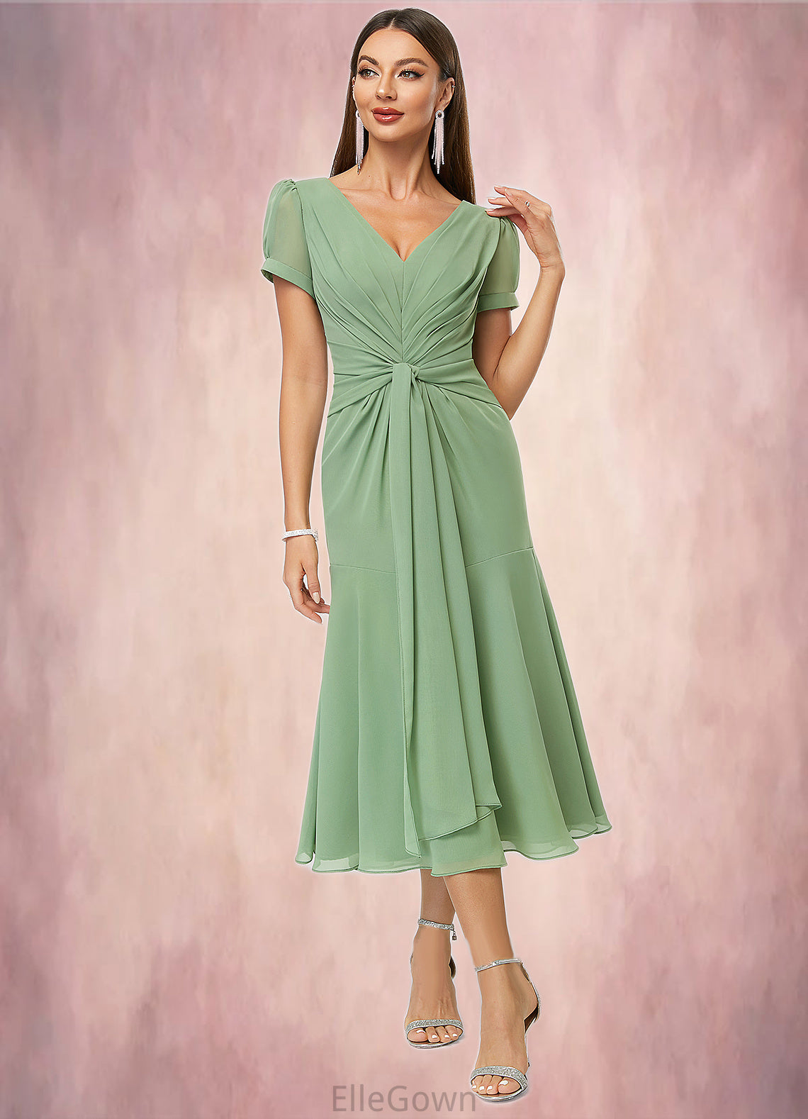 Sam Trumpet/Mermaid V-Neck Tea-Length Chiffon Cocktail Dress With Pleated DEP0022315