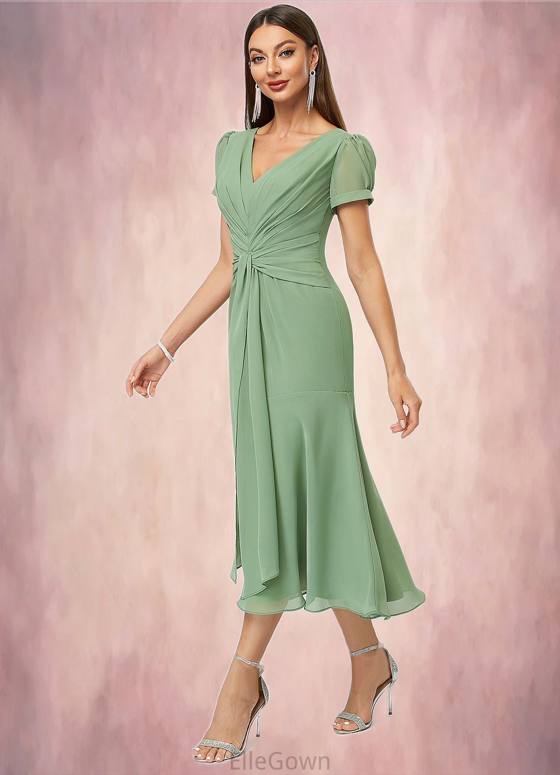 Sam Trumpet/Mermaid V-Neck Tea-Length Chiffon Cocktail Dress With Pleated DEP0022315