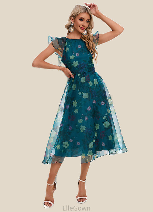 Elisabeth Floral Print Scoop Elegant A-line Organza Midi Dresses DEP0022318