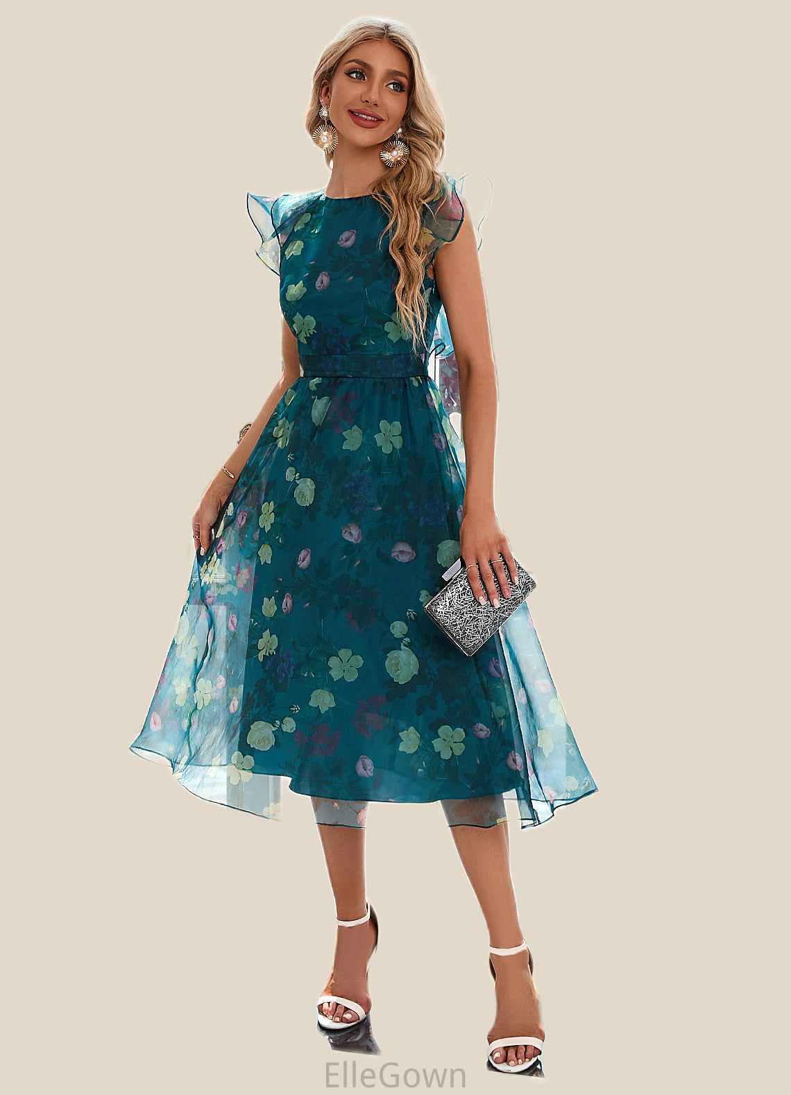 Elisabeth Floral Print Scoop Elegant A-line Organza Midi Dresses DEP0022318