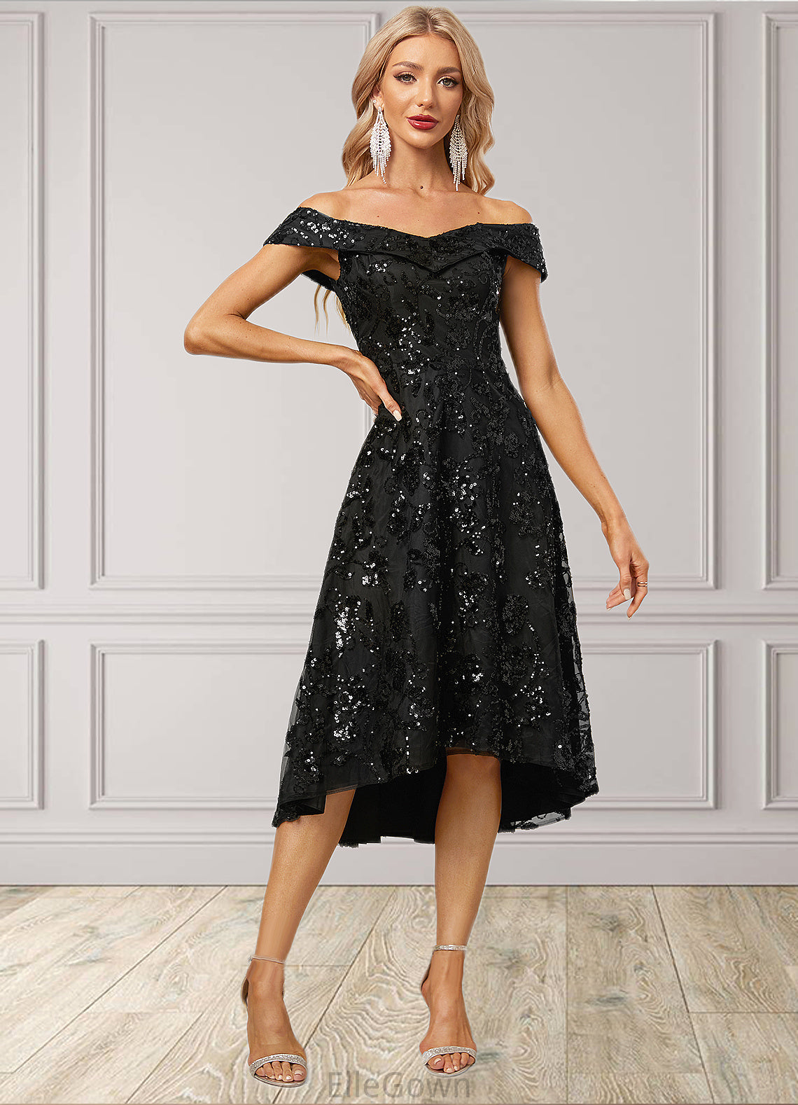 Kiana A-line Off the Shoulder Asymmetrical Lace Sequin Cocktail Dress With Sequins DEP0022328