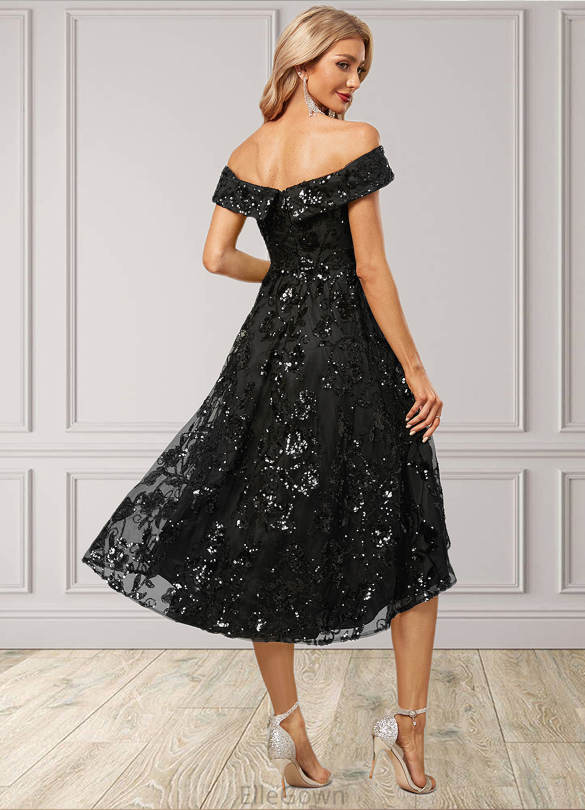 Kiana A-line Off the Shoulder Asymmetrical Lace Sequin Cocktail Dress With Sequins DEP0022328