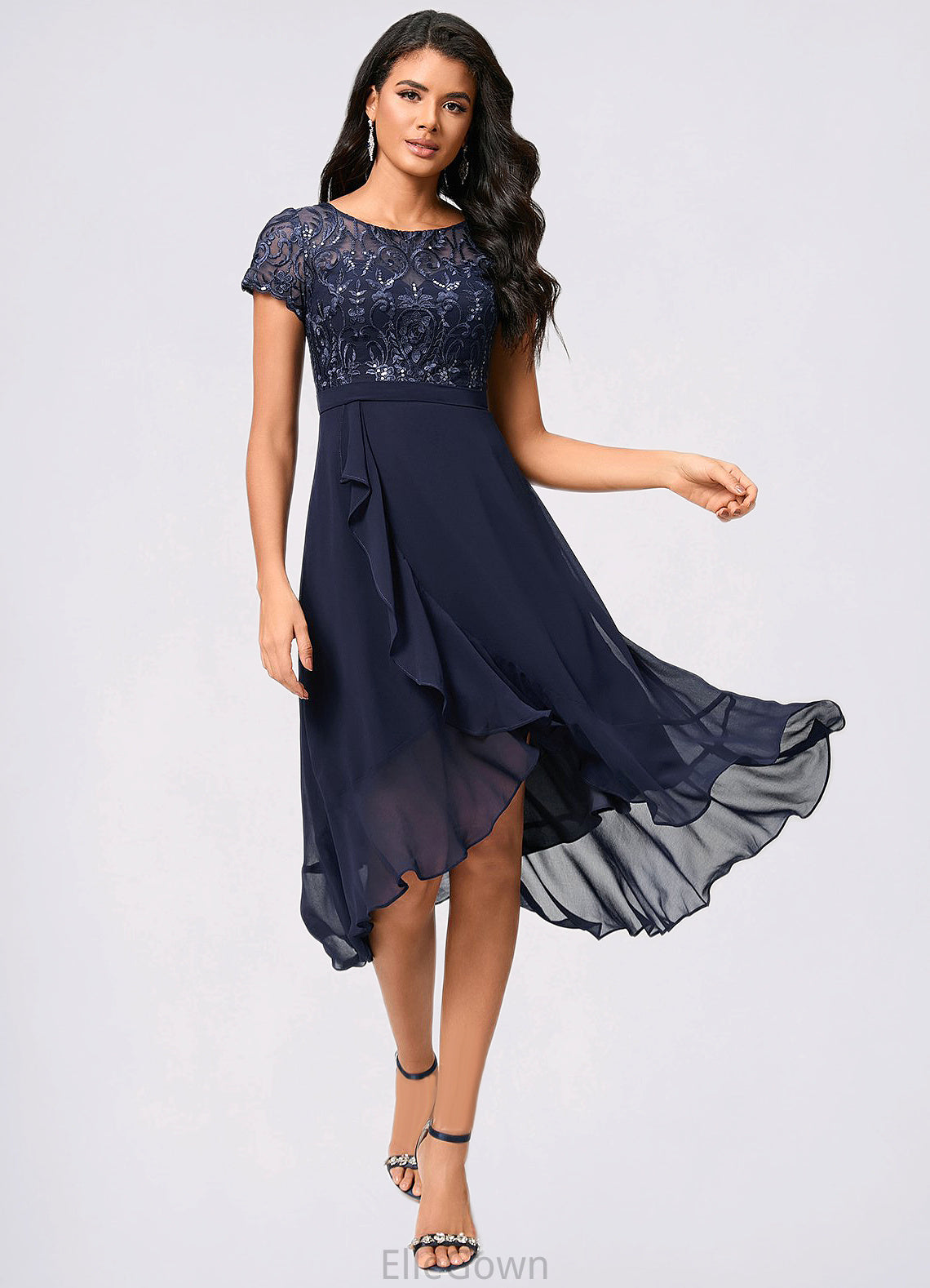 Madisyn A-line Scoop Asymmetrical Chiffon Lace Cocktail Dress With Cascading Ruffles DEP0022334