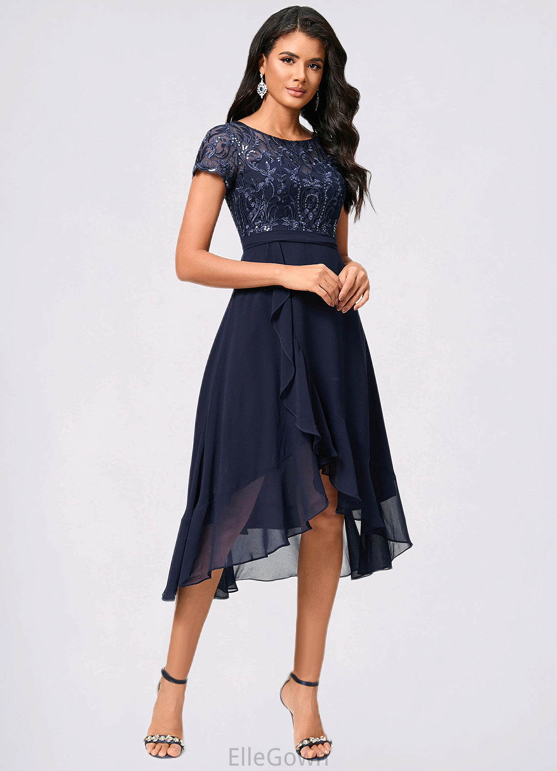 Madisyn A-line Scoop Asymmetrical Chiffon Lace Cocktail Dress With Cascading Ruffles DEP0022334