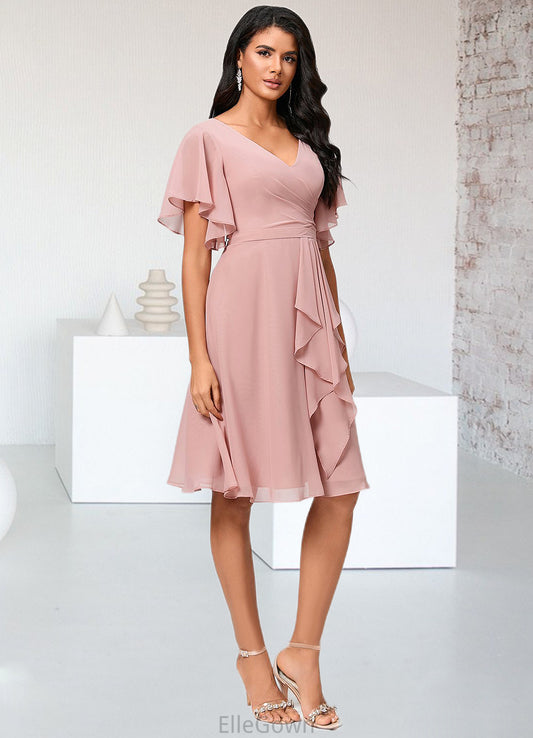 Nell A-line V-Neck Knee-Length Chiffon Cocktail Dress With Ruffle DEP0022335