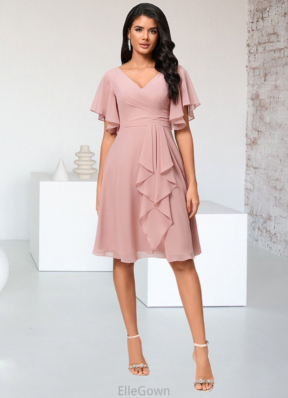 Nell A-line V-Neck Knee-Length Chiffon Cocktail Dress With Ruffle DEP0022335