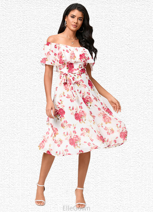 Ellen A-line Off the Shoulder Knee-Length Chiffon Cocktail Dress With Bow DEP0022337