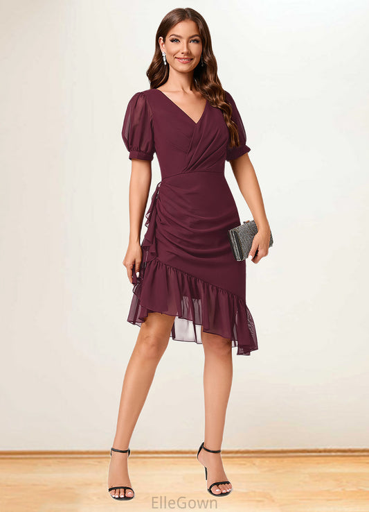 Elaina Sheath/Column V-Neck Asymmetrical Chiffon Cocktail Dress With Cascading Ruffles Ruffle DEP0022339