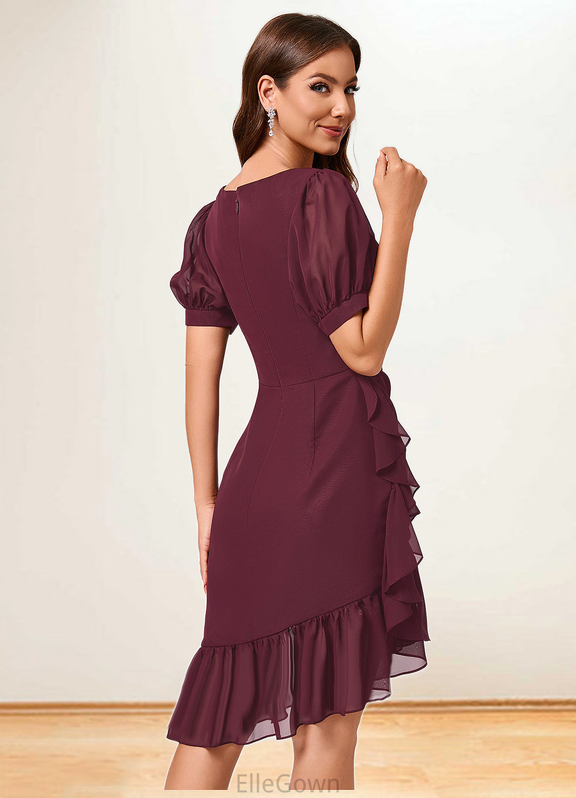 Elaina Sheath/Column V-Neck Asymmetrical Chiffon Cocktail Dress With Cascading Ruffles Ruffle DEP0022339