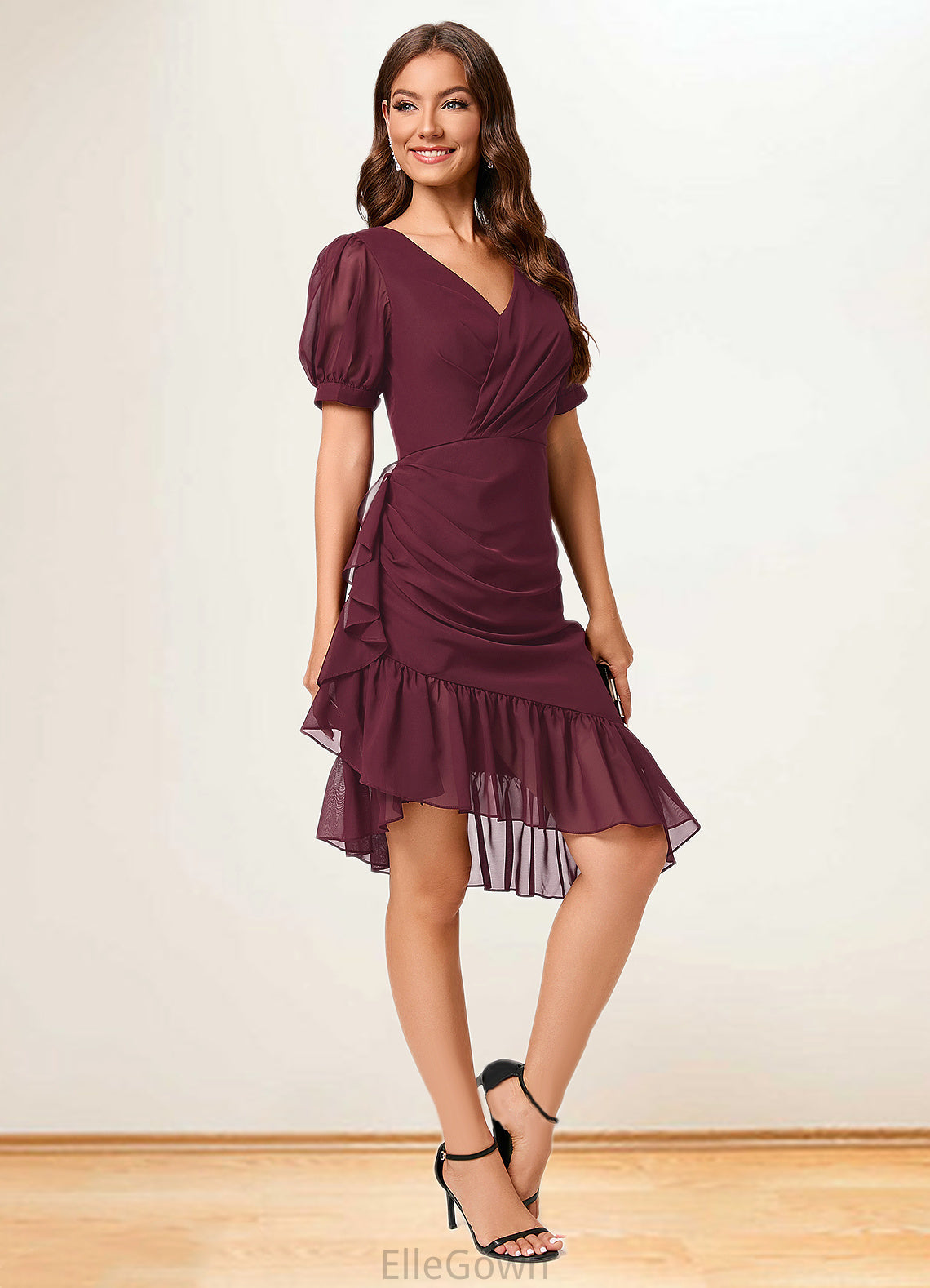 Elaina Sheath/Column V-Neck Asymmetrical Chiffon Cocktail Dress With Cascading Ruffles Ruffle DEP0022339