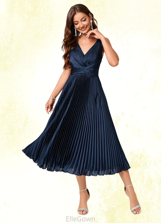 Anabelle A-line V-Neck Tea-Length Silky Satin Cocktail Dress With Pleated Ruffle DEP0022341