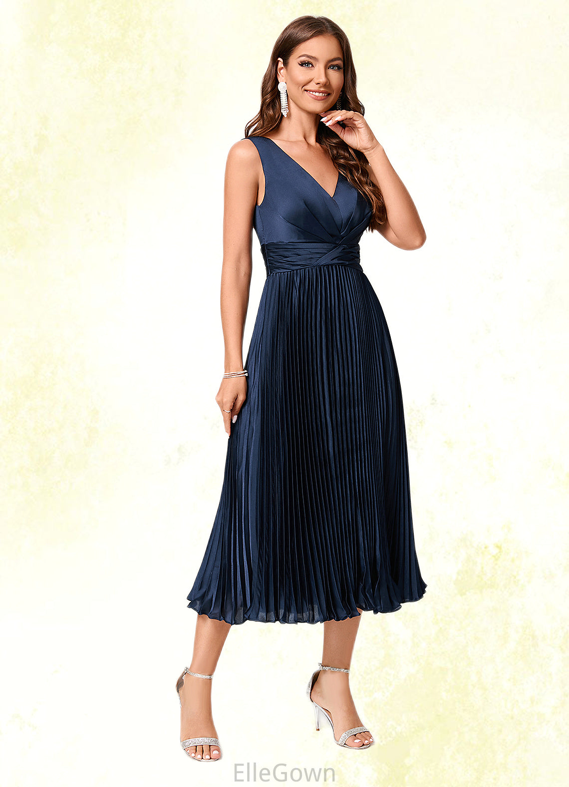 Anabelle A-line V-Neck Tea-Length Silky Satin Cocktail Dress With Pleated Ruffle DEP0022341