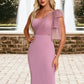 Kayley One Shoulder Elegant Sheath/Column Polyester Tulle Midi Dresses DEP0022343